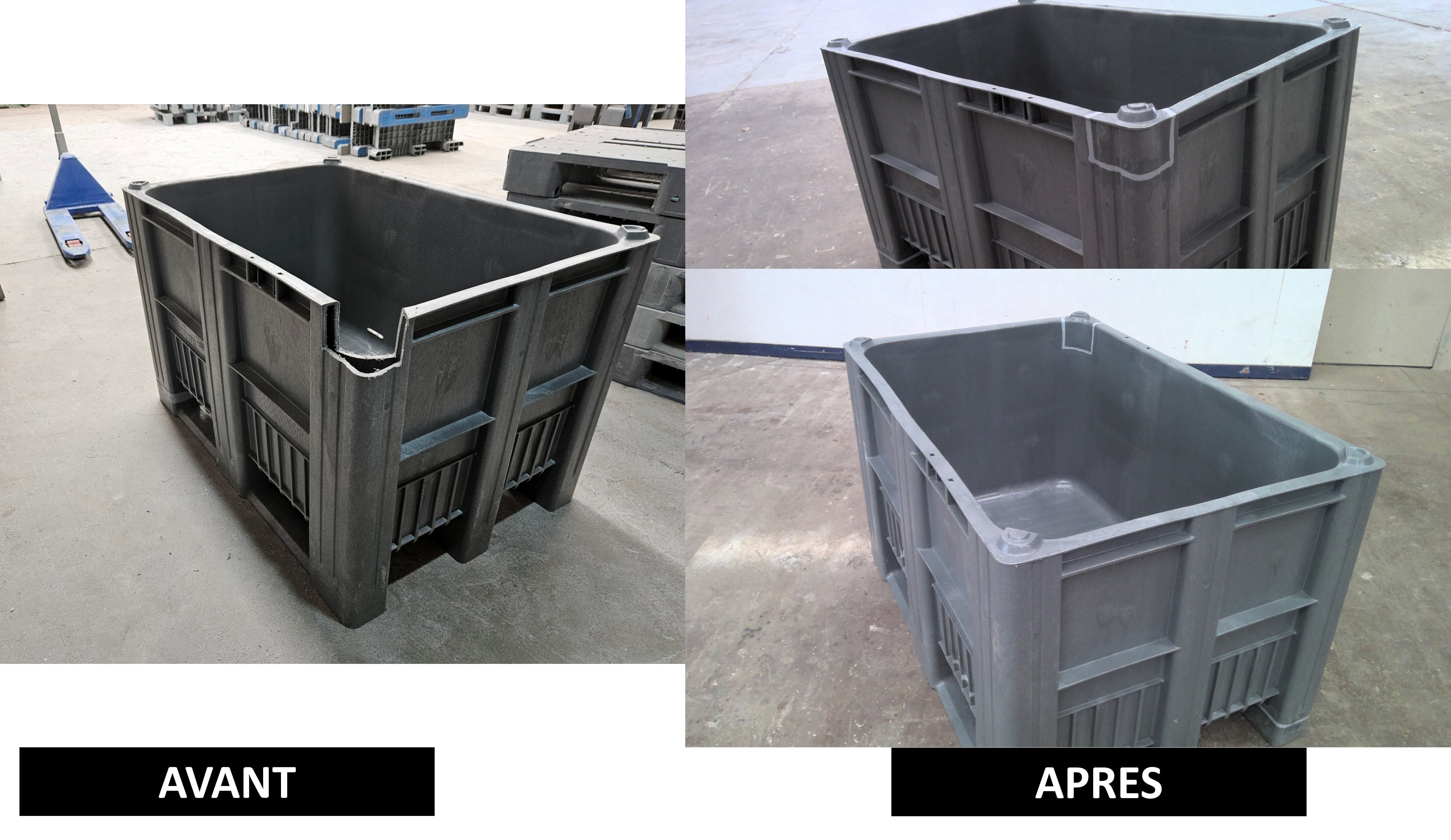 Réparation de caisses-palettes plastiques – avant / après – PLASTIC R3