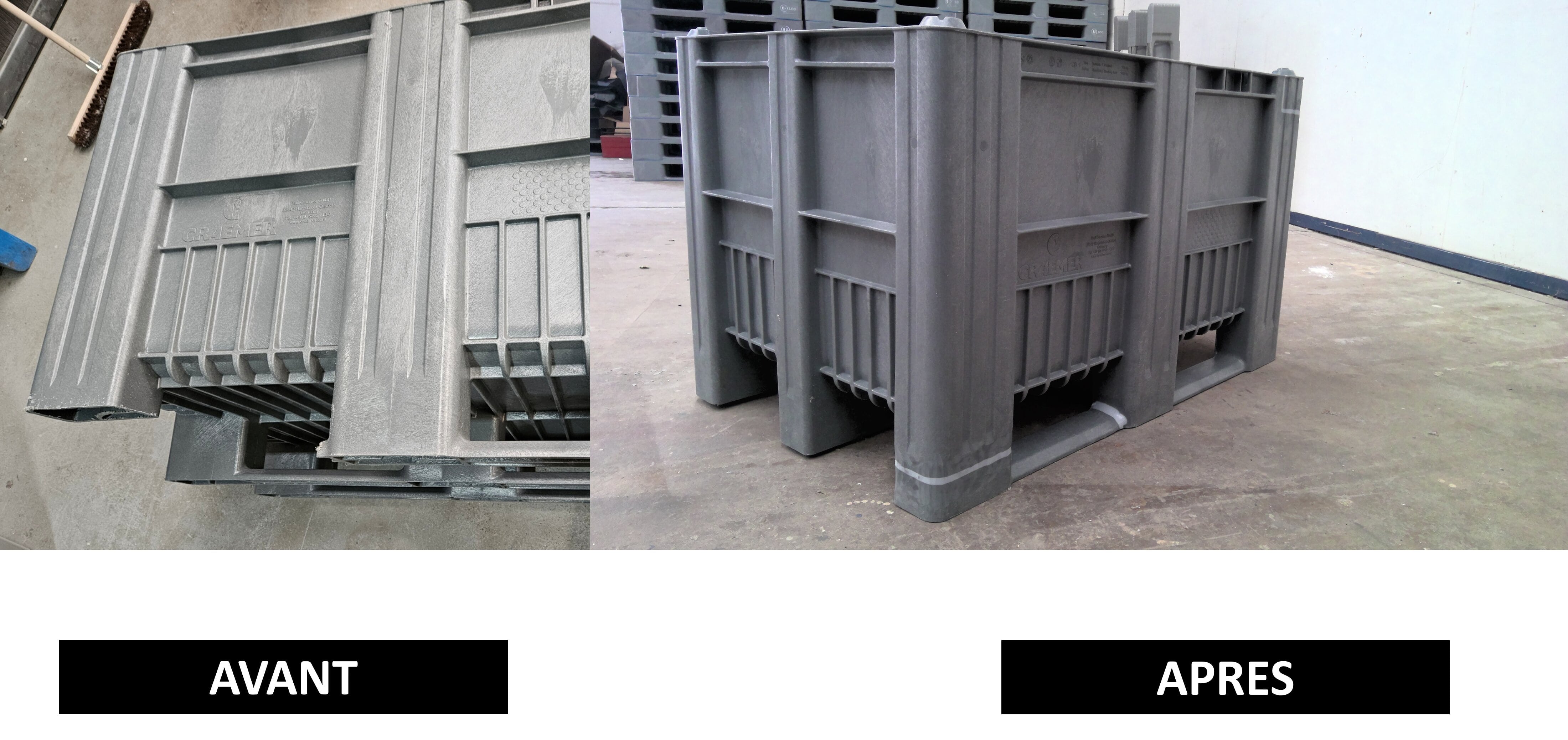 Réparation de caisses-palettes plastiques – avant / après – PLASTIC R3