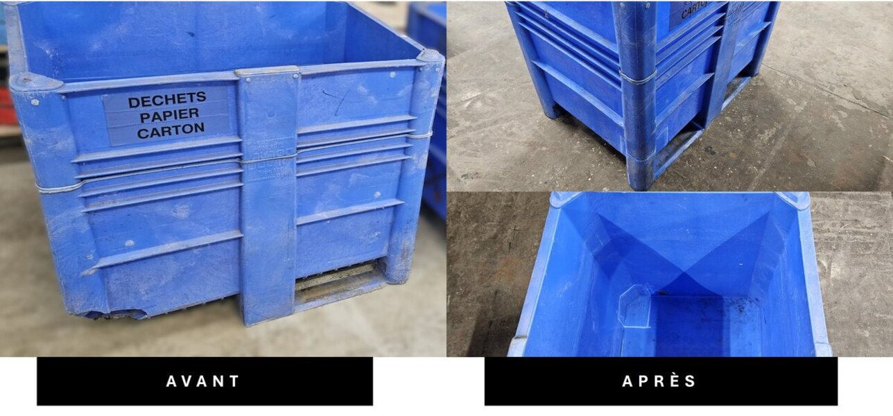 Réparation de caisses-palettes plastiques – avant / après – PLASTIC R3
