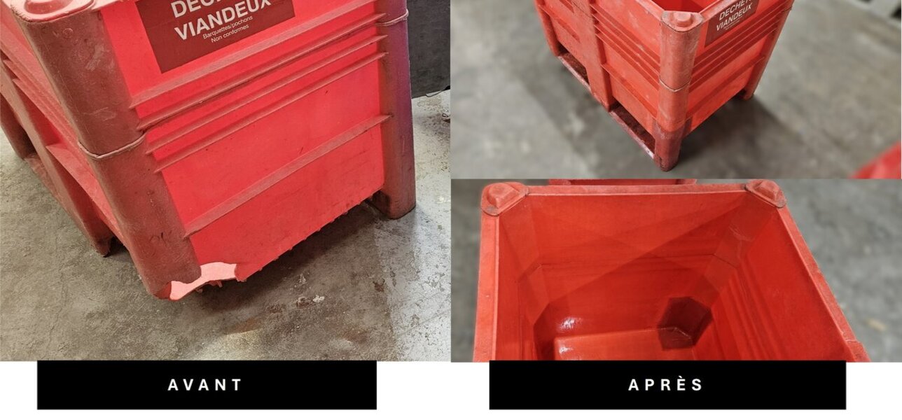 Réparation de caisses-palettes plastiques – avant / après – PLASTIC R3